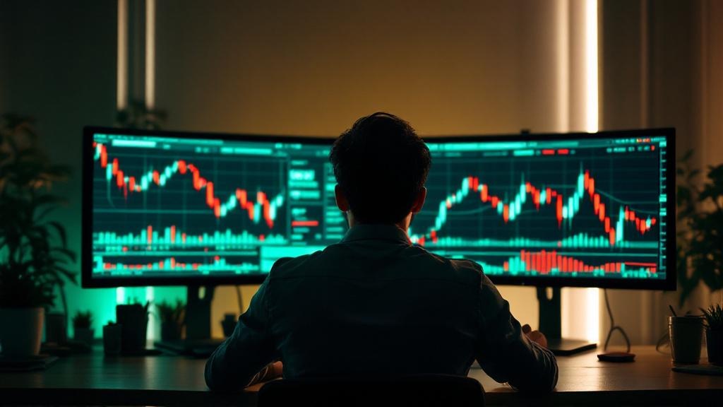 Trader tập trung phân tích biểu đồ chứng khoán tại bàn làm việc
