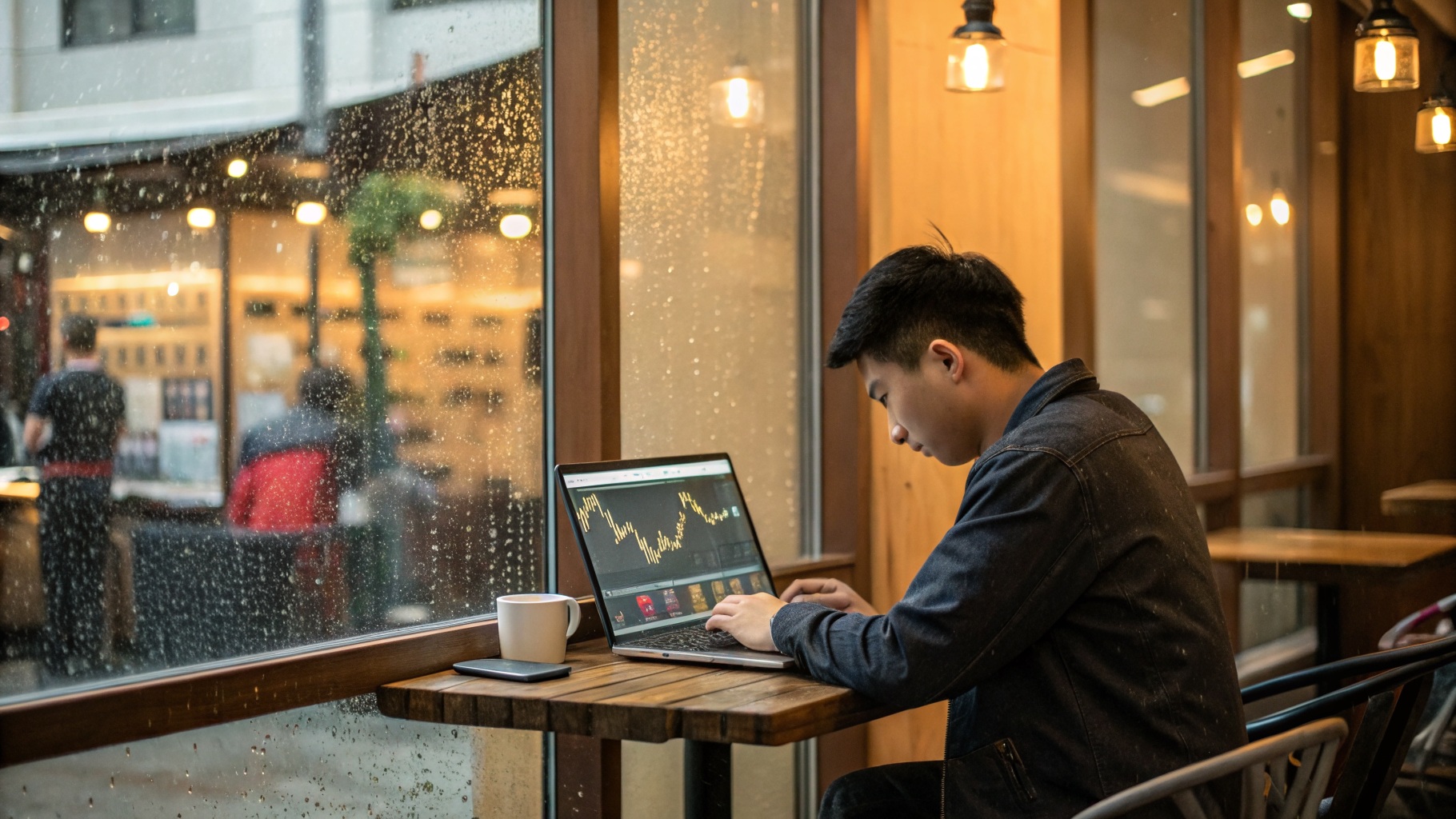 Minh ngồi trong quán cà phê, phân tích chứng khoán trên laptop