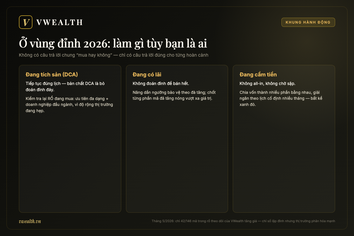 Khung hành động ở vùng đỉnh lịch sử cho 3 nhóm: người DCA, người có lãi, người cầm tiền