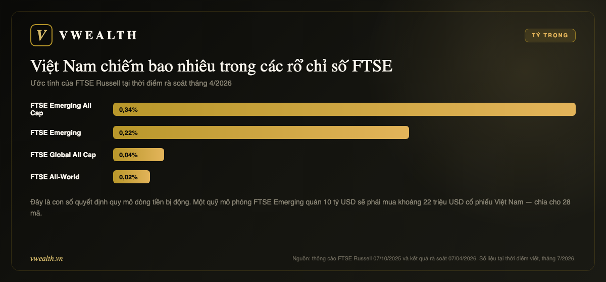 Tỷ trọng Việt Nam trong các rổ chỉ số FTSE: 0,34% Emerging All Cap, 0,22% Emerging, 0,04% Global All Cap, 0,02% All-World