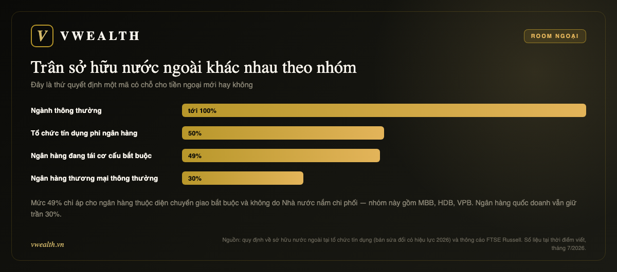 Trần sở hữu nước ngoài theo nhóm: ngành thường tới 100%, tổ chức tín dụng phi ngân hàng 50%, ngân hàng tái cơ cấu 49%, ngân hàng thường 30%