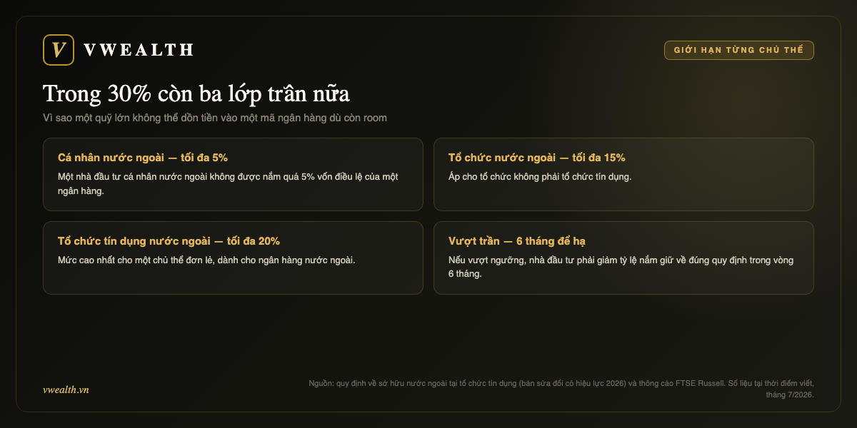 Ba lớp giới hạn trong trần 30%: cá nhân ngoại 5%, tổ chức ngoại 15%, tổ chức tín dụng ngoại 20%, vượt trần có 6 tháng để hạ