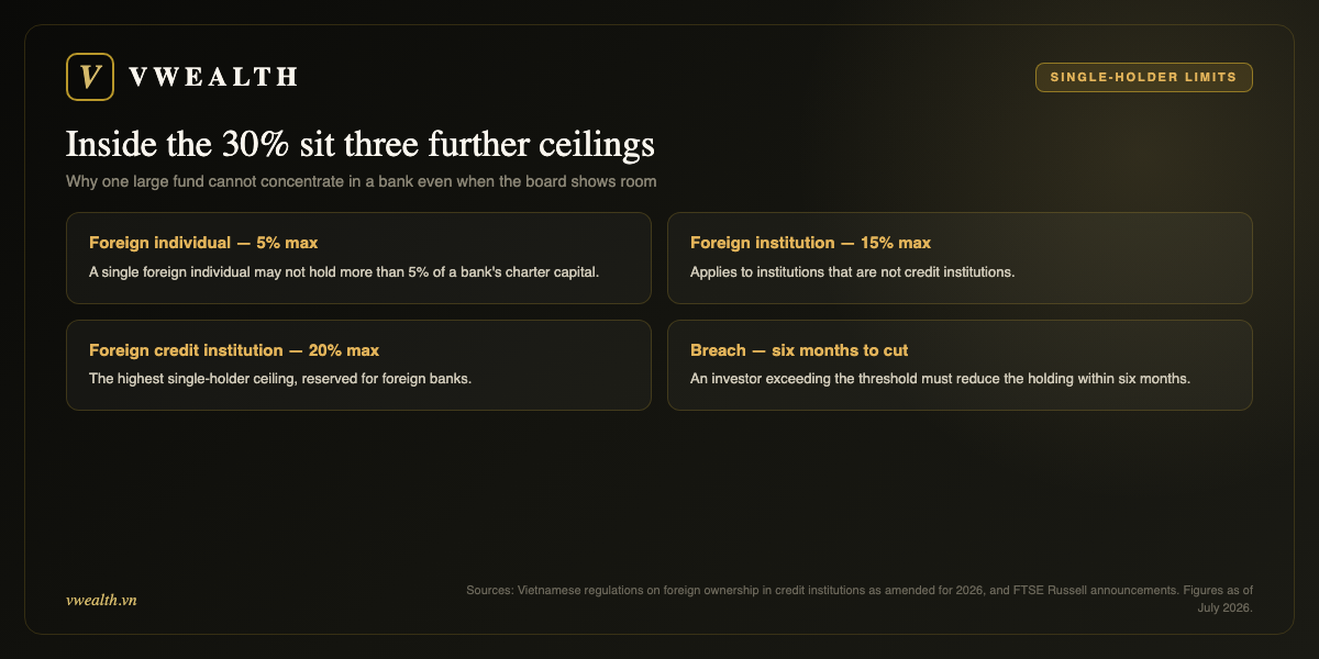 Single-holder limits inside the 30% cap: foreign individual 5%, foreign institution 15%, foreign credit institution 20%, six months to cut a breach