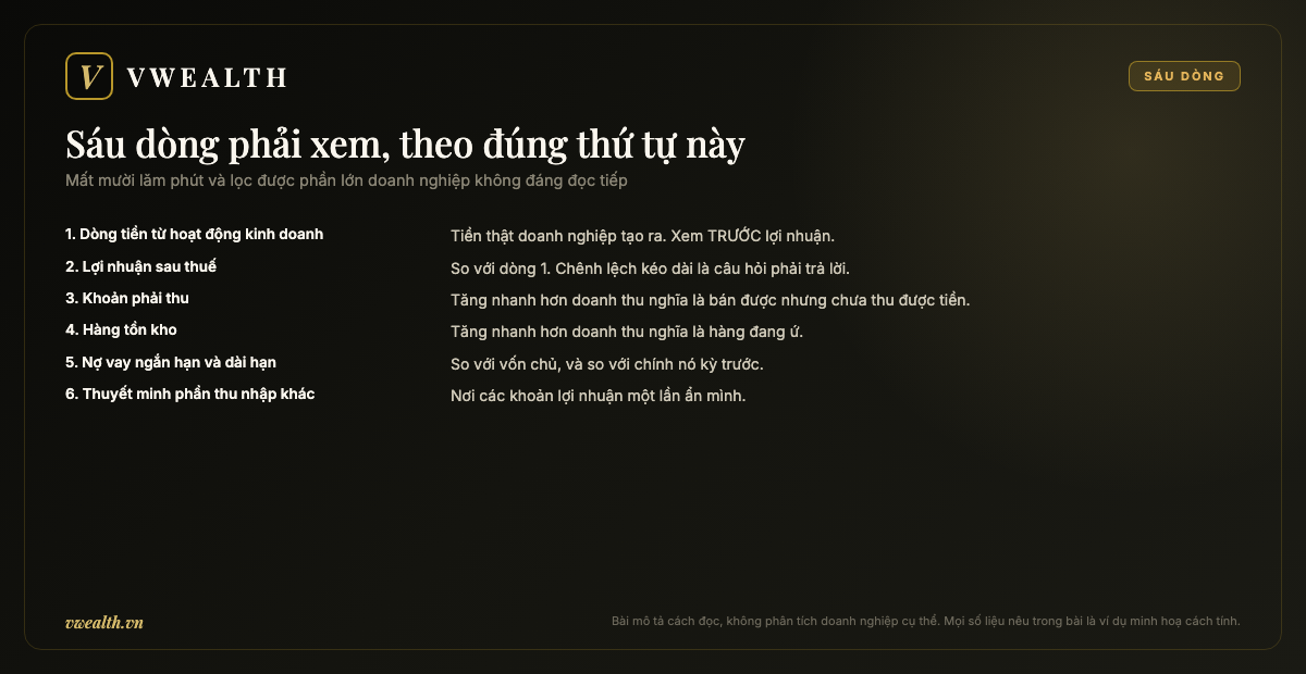 Sáu dòng phải xem: dòng tiền kinh doanh, lợi nhuận, phải thu, tồn kho, nợ vay, thuyết minh thu nhập khác