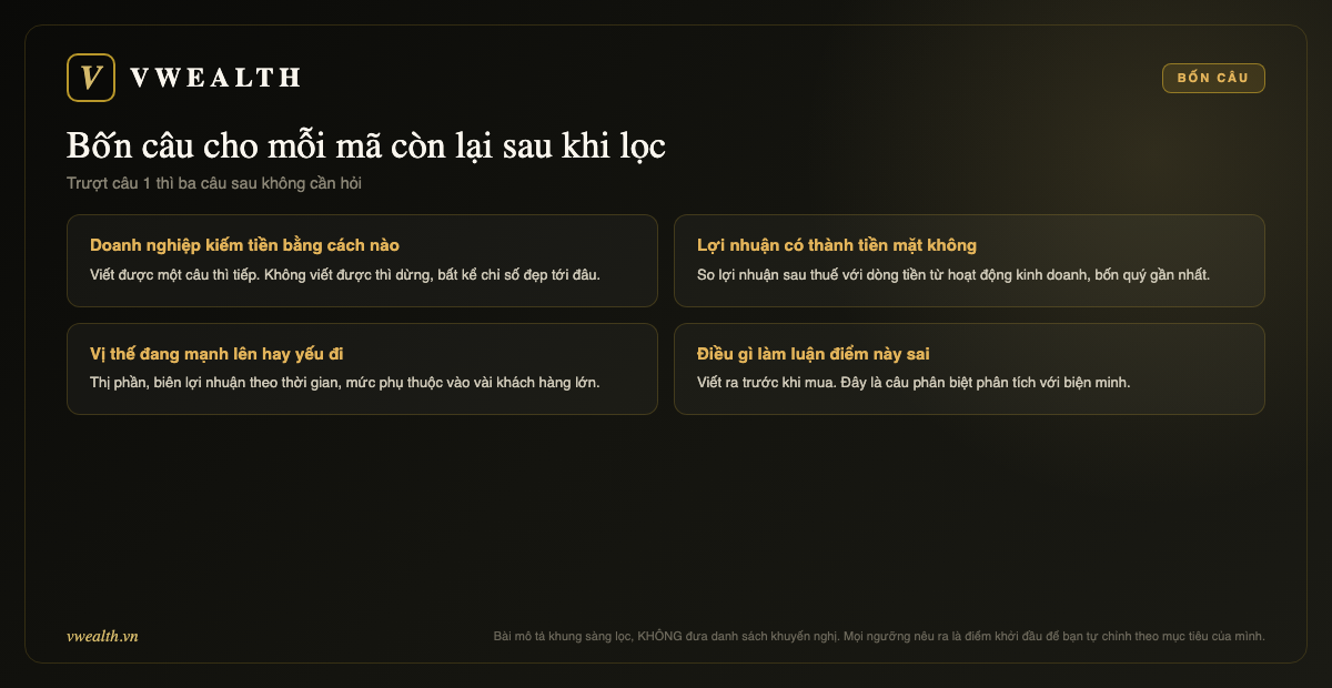 Bốn câu hỏi: kiếm tiền bằng cách nào, lợi nhuận thành tiền không, vị thế mạnh lên hay yếu đi, điều gì làm luận điểm sai