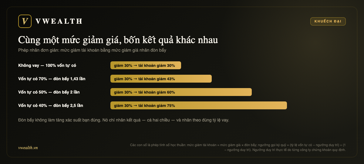 Khuếch đại đòn bẩy: không vay giảm 30%, vốn tự có 70% giảm 43%, 50% giảm 60%, 40% giảm 75%