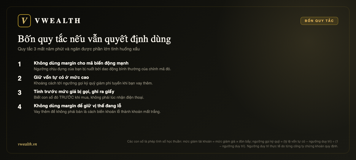 Bốn quy tắc: không dùng cho mã biến động mạnh, giữ vốn tự có cao, tính trước mức giá bị gọi, không vay để giữ vị thế lỗ