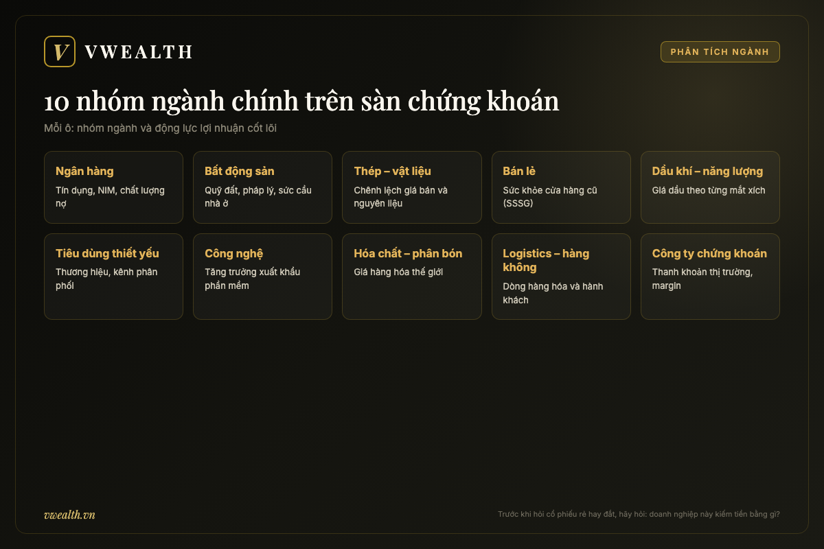 Lưới 10 nhóm ngành chính trên sàn chứng khoán Việt Nam, mỗi ô ghi tên ngành kèm động lực lợi nhuận cốt lõi của nhóm đó