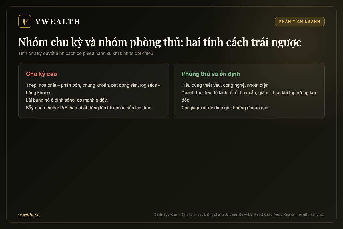 So sánh hai nhóm tính cách trái ngược của các nhóm ngành chứng khoán: nhóm chu kỳ cao và nhóm phòng thủ ổn định