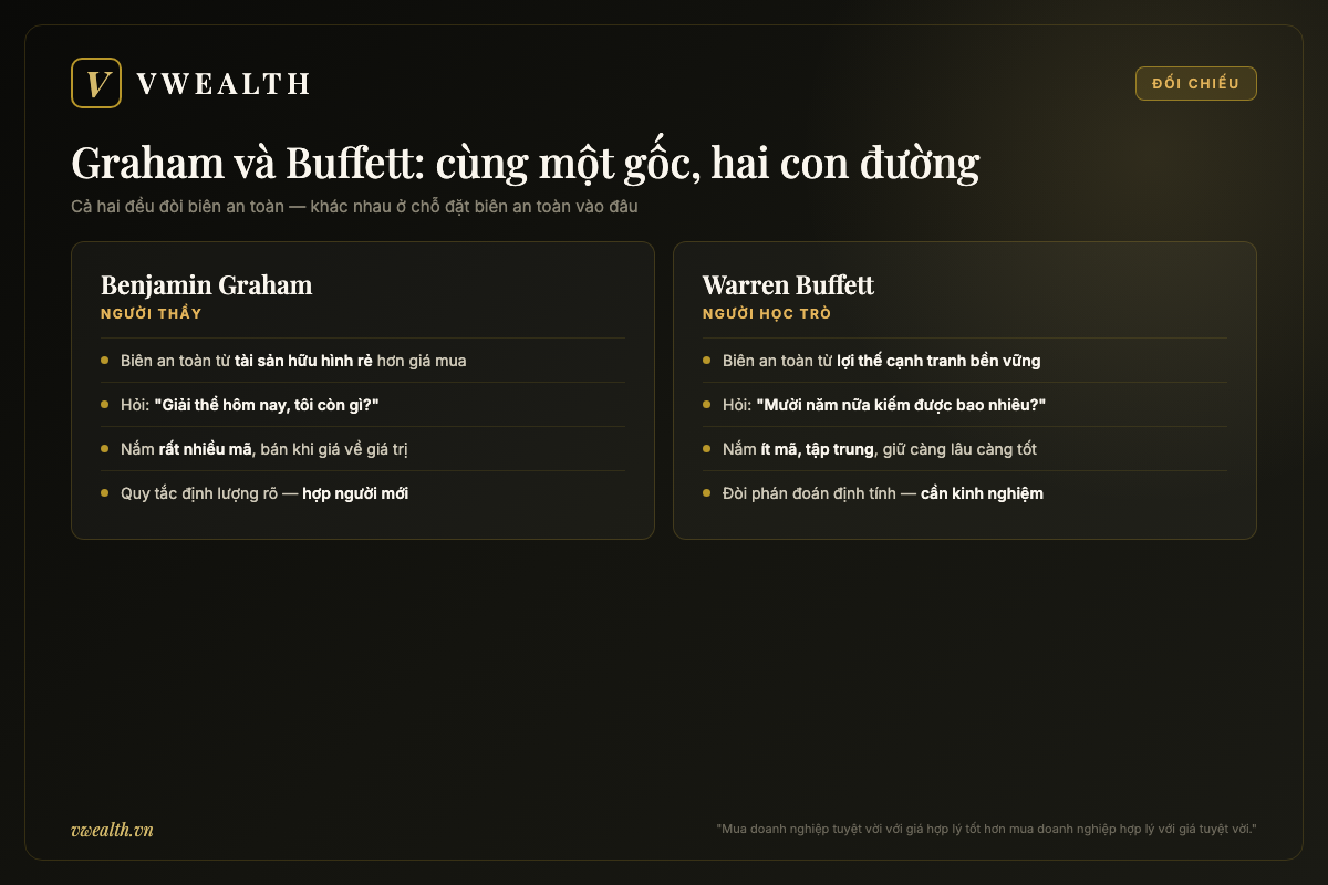 Bảng đối chiếu phương pháp đầu tư của Benjamin Graham và Warren Buffett: nguồn biên an toàn, câu hỏi trung tâm, cách nắm giữ cổ phiếu