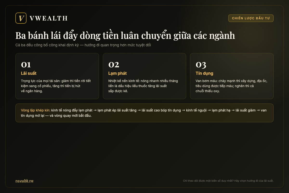 Ba bánh lái dẫn dắt luân chuyển ngành gồm lãi suất, lạm phát và tín dụng, kèm vòng lặp nhân quả khép kín giữa ba biến số