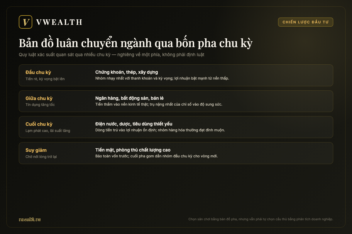 Bản đồ luân chuyển ngành: nhóm chứng khoán thép chạy đầu chu kỳ, ngân hàng bất động sản giữa chu kỳ, phòng thủ cuối chu kỳ