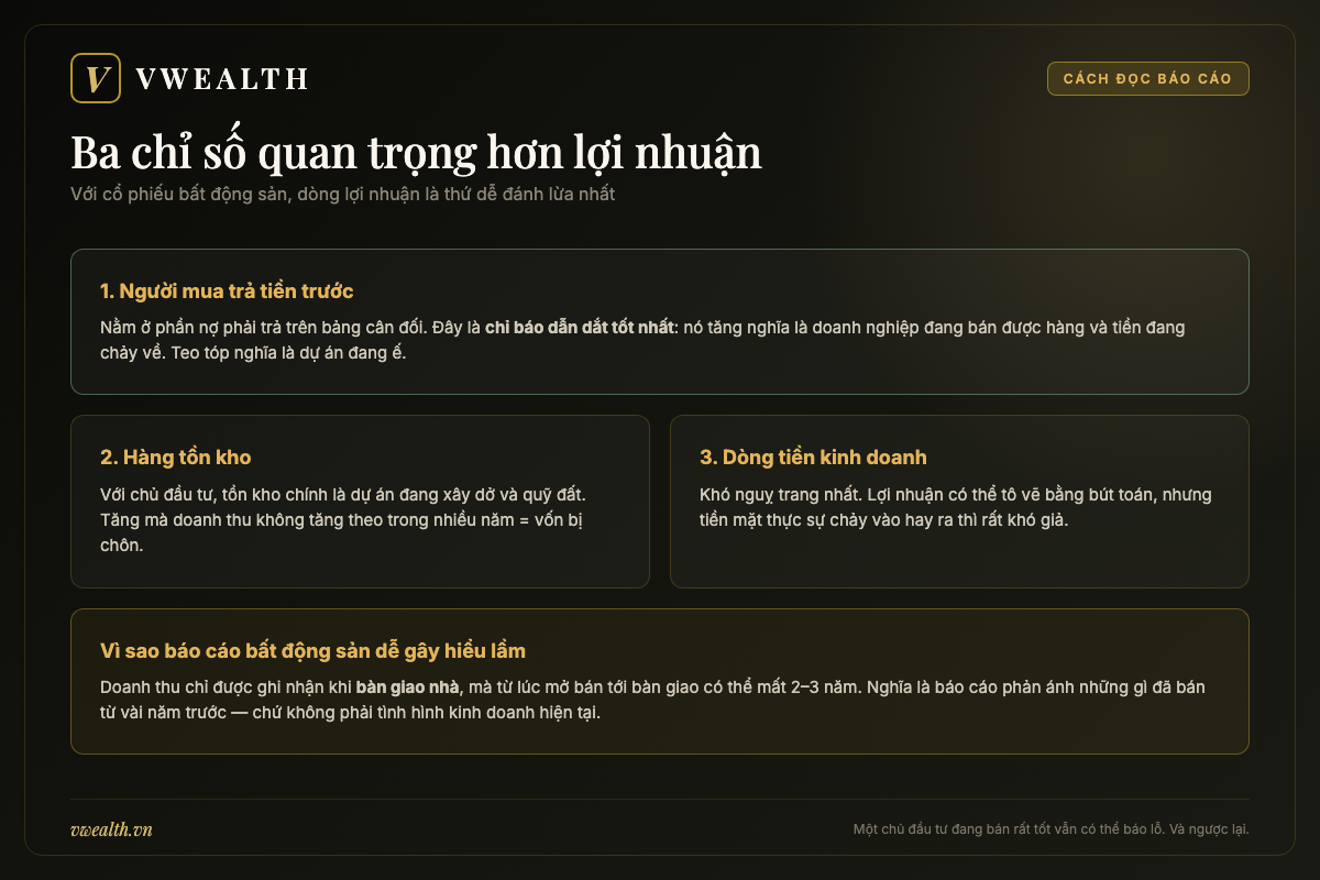 Ba chỉ số quan trọng khi đọc báo cáo doanh nghiệp bất động sản: người mua trả tiền trước, hàng tồn kho, dòng tiền
