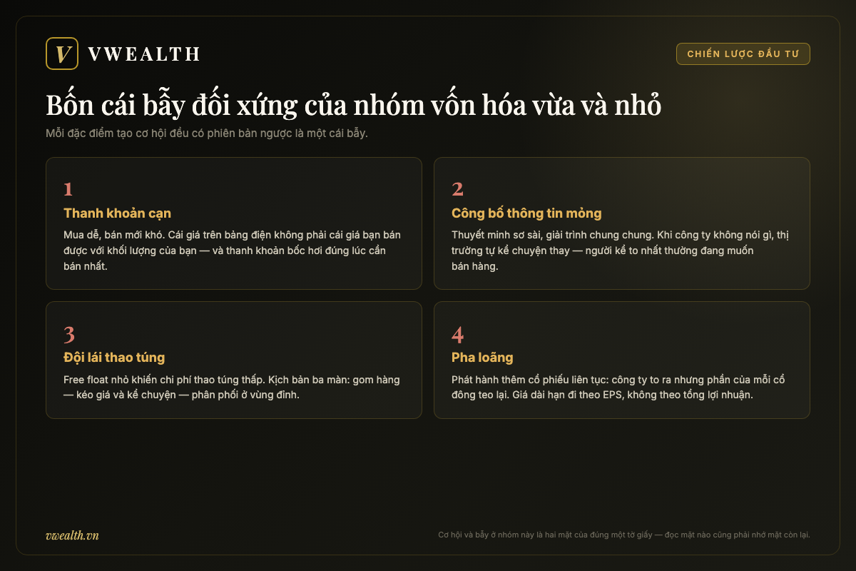 Bốn cái bẫy đối xứng của cổ phiếu midcap và smallcap: thanh khoản cạn, công bố thông tin mỏng, đội lái thao túng giá và pha loãng cổ phiếu