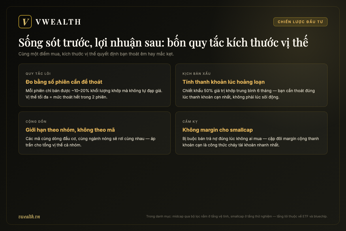Bốn quy tắc kích thước vị thế theo thanh khoản cho cổ phiếu midcap smallcap: đo bằng số phiên thoát, tính kịch bản xấu, giới hạn theo nhóm, không dùng margin