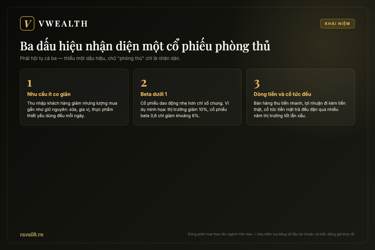 Sơ đồ ba dấu hiệu nhận diện cổ phiếu phòng thủ: nhu cầu ít co giãn, beta dưới 1 và dòng tiền cổ tức đều đặn