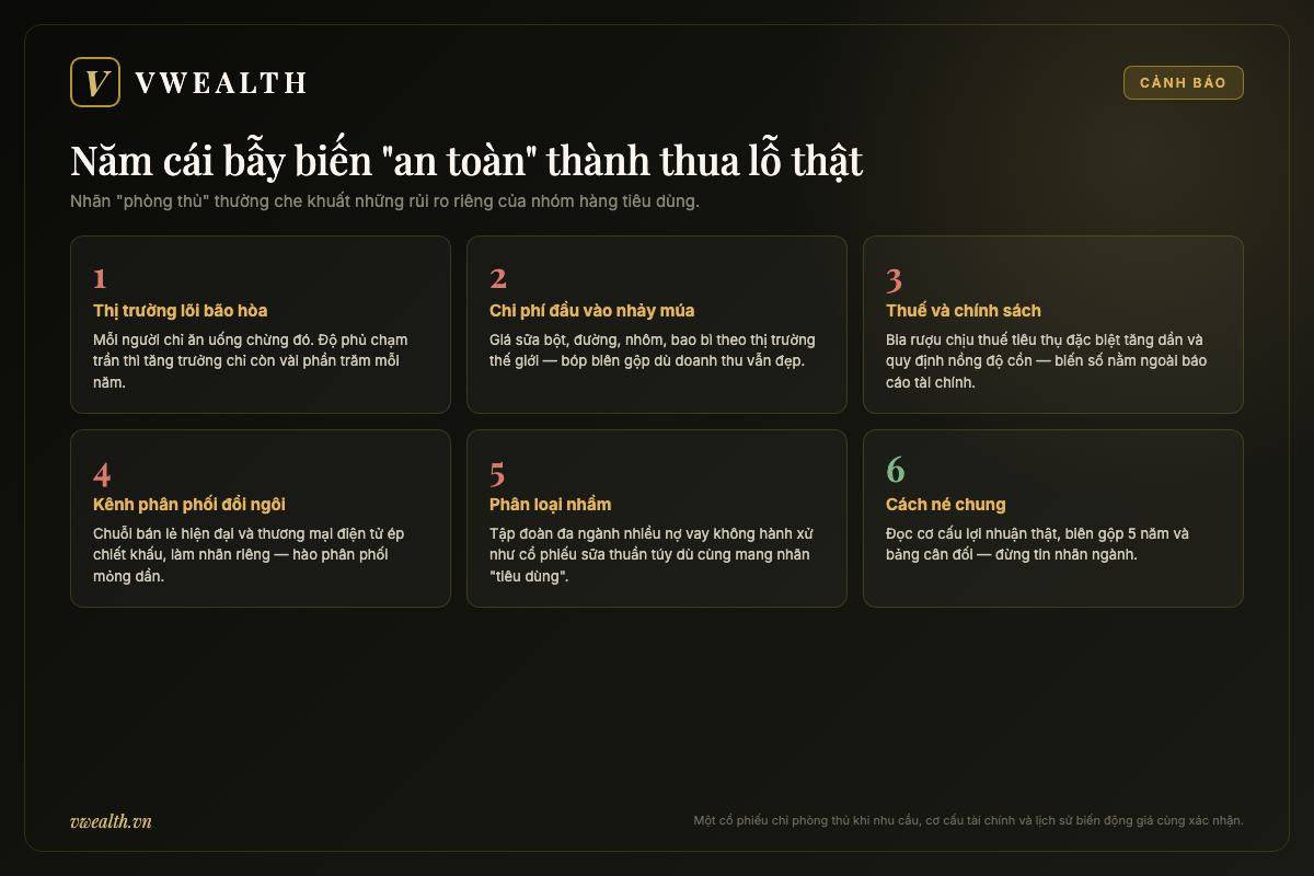 Infographic years cái bẫy của cổ phiếu phòng thủ hàng tiêu dùng: bão hòa, chi phí đầu vào, thuế chính sách, kênh phân phối đổi ngôi và phân loại nhầm