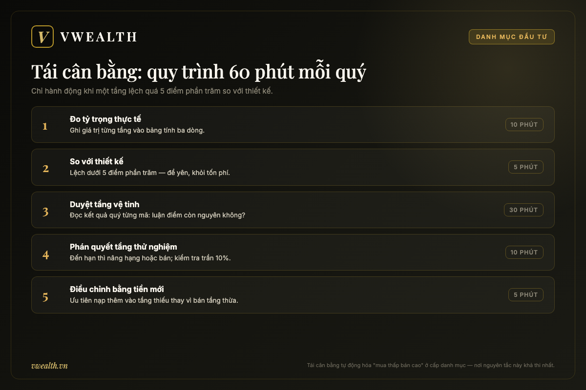 Quy trình tái cân bằng danh mục 60 phút mỗi quý gồm 5 bước: đo tỷ trọng thực tế, so với thiết kế theo ngưỡng lệch 5 điểm phần trăm, duyệt luận điểm tầng vệ tinh, phán quyết tầng thử nghiệm, điều chỉnh bằng tiền nạp mới