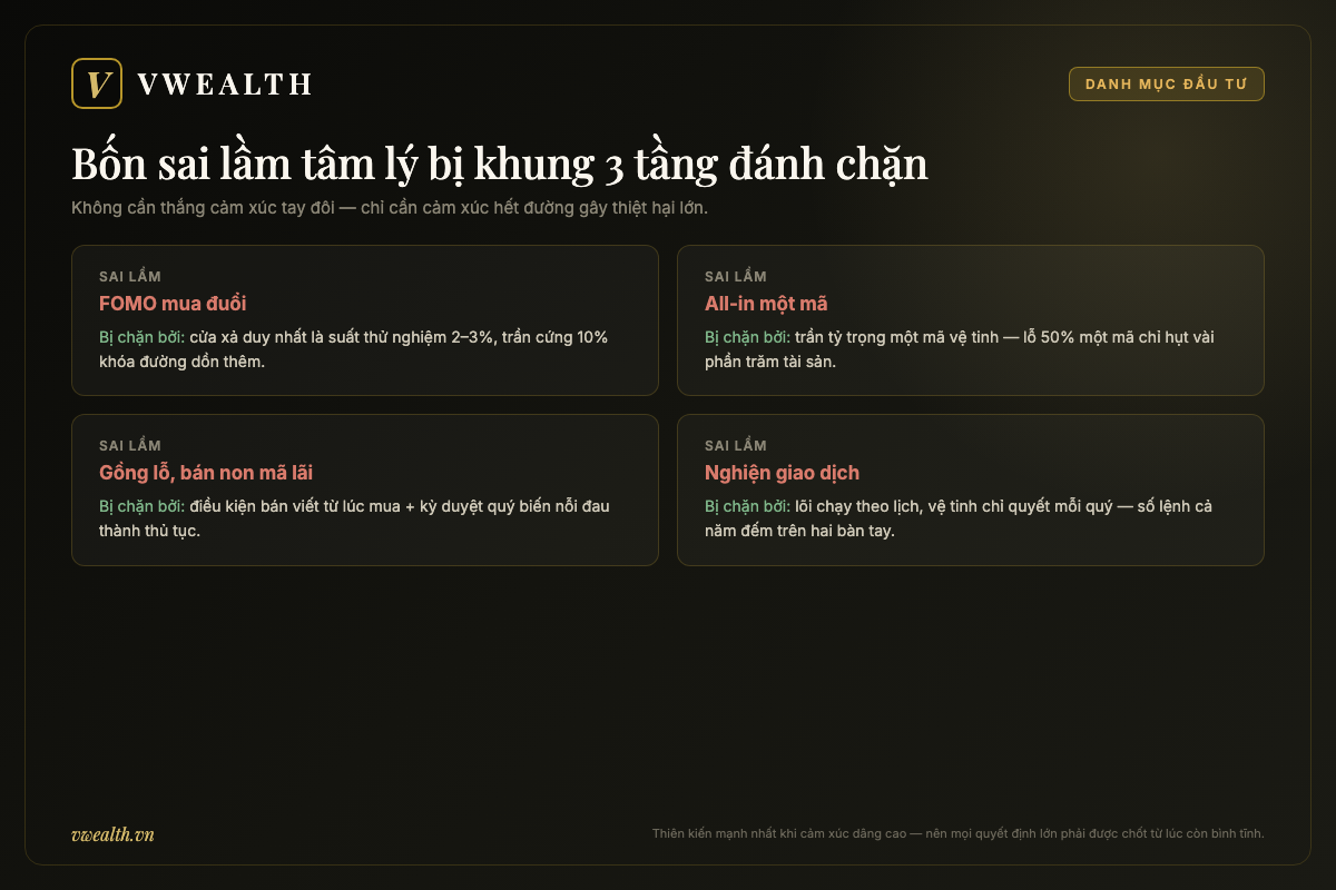 Bốn sai lầm tâm lý bị khung danh mục 3 tầng đánh chặn: FOMO mua đuổi, all-in một mã, gồng lỗ bán non mã lãi, nghiện giao dịch — kèm cơ chế chặn của từng luật trong khung