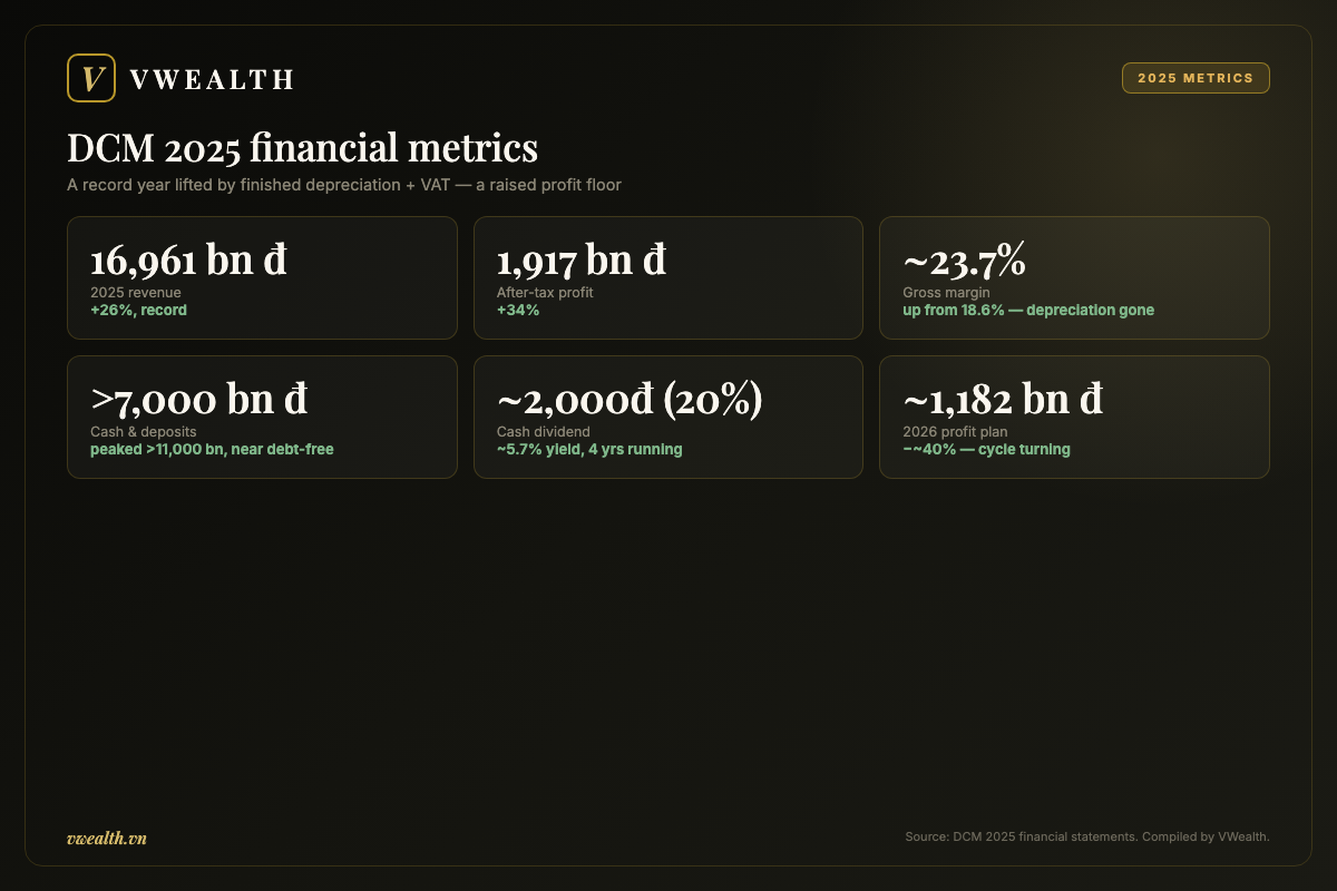 DCM 2025 financial metrics: revenue, profit, margin, cash and dividend