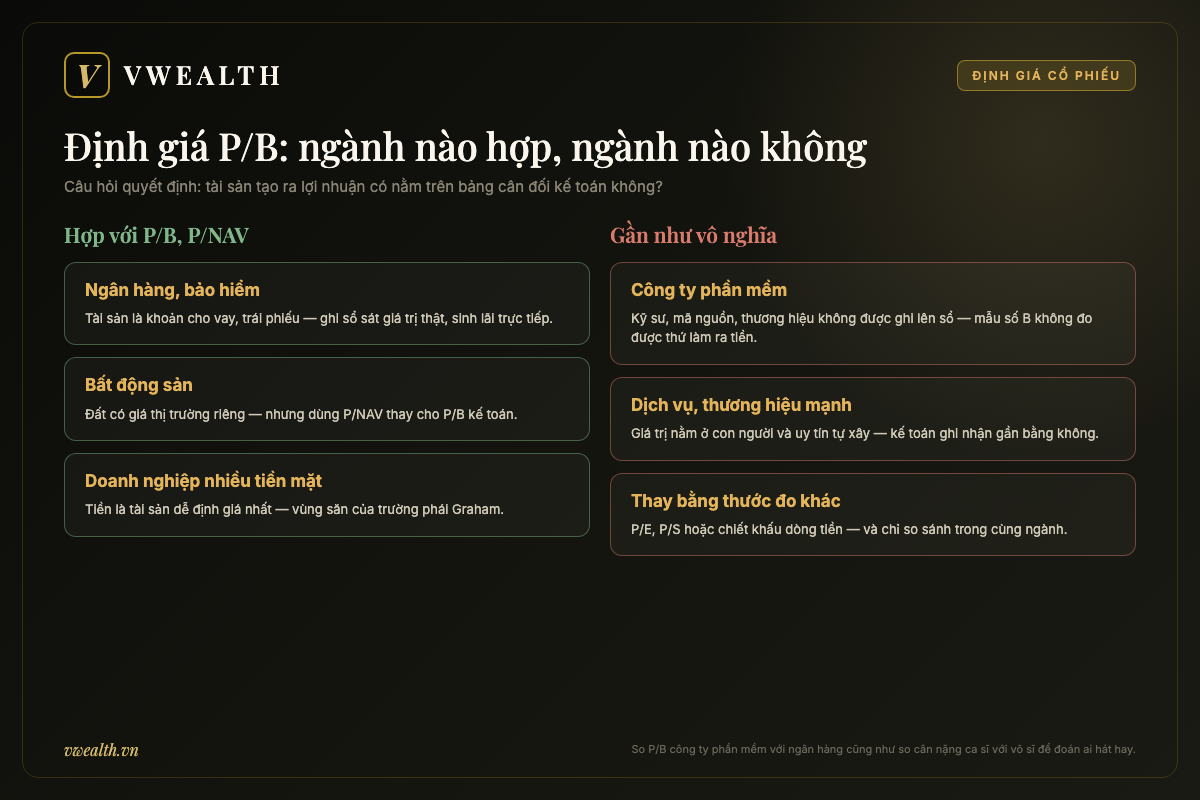 Bảng phân loại ngành hợp với định giá P/B và P/NAV: ngân hàng, bảo hiểm, bất động sản, doanh nghiệp nhiều tiền mặt — đối lập với phần mềm và dịch vụ thương hiệu