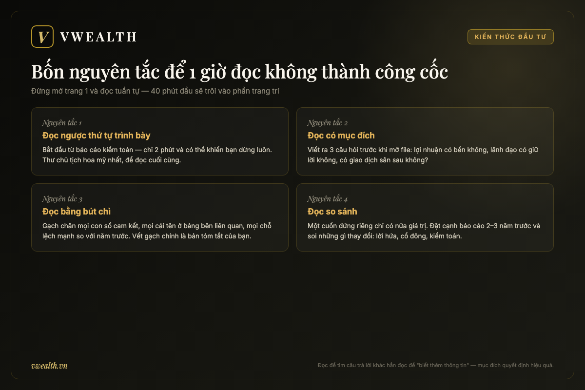Bốn nguyên tắc đọc báo cáo thường niên hiệu quả: đọc ngược thứ tự trình bày, đọc có mục đích với 3 câu hỏi, đọc bằng bút chì và đọc so sánh nhiều năm
