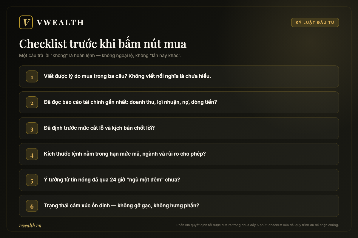 Checklist sáu câu hỏi bắt buộc trước khi bấm nút mua cổ phiếu, một câu trả lời không là hoãn lệnh