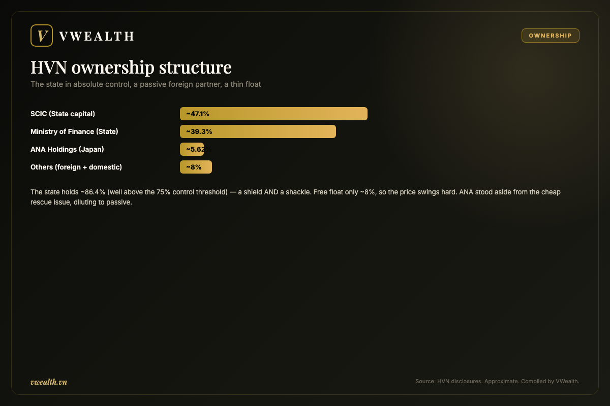 HVN ownership structure: the state in absolute control alongside a passive ANA and a thin float