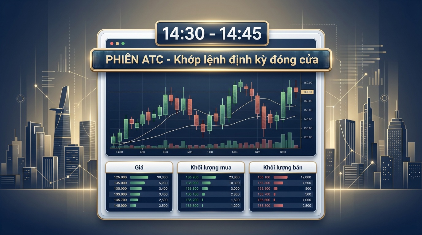 Minh họa phiên ATC diễn ra từ 14h30 đến 14h45 trên bảng giá chứng khoán Việt Nam