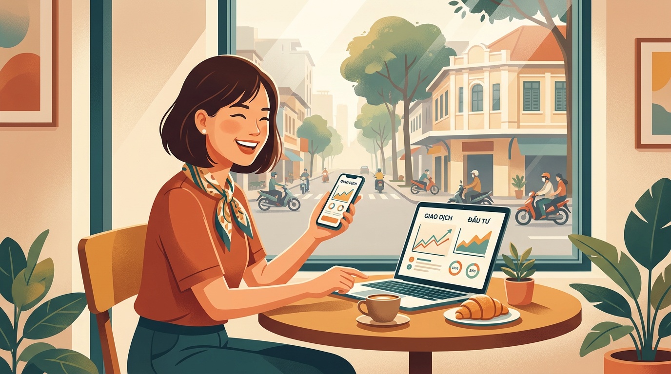 Woman comparing Vietnamese stock brokerage apps at a cafe