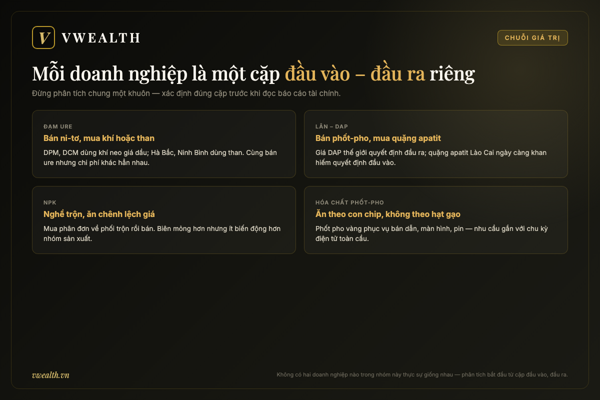 Sơ đồ bốn phân khúc chuỗi giá trị phân bón hóa chất: đạm ure, lân DAP, NPK và hóa chất phốt pho với cặp đầu vào đầu ra riêng của từng nhóm