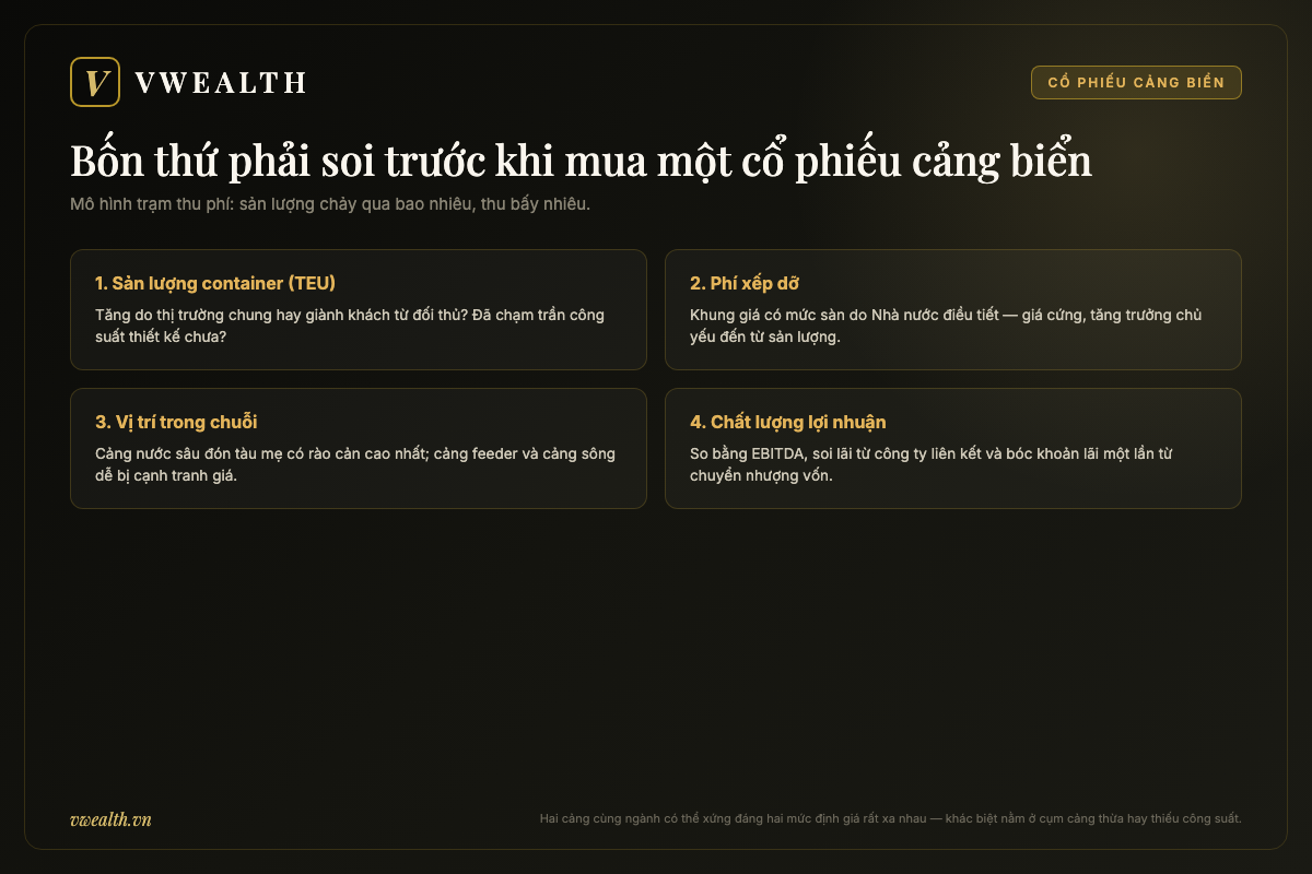 Bốn điểm cần soi khi phân tích cổ phiếu cảng biển: sản lượng TEU, phí xếp dỡ, vị trí cảng nước sâu và chất lượng lợi nhuận