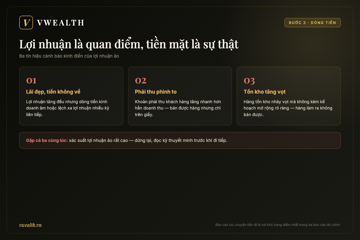 Ba tín hiệu cảnh báo lợi nhuận ảo khi đọc báo cáo tài chính: lãi đẹp nhưng dòng tiền âm, phải thu phình to, tồn kho tăng vọt