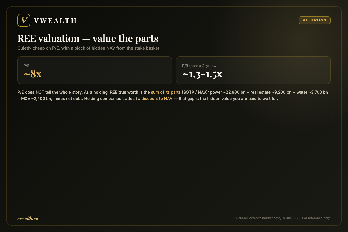 REE valuation: why NAV and SOTP beat P/E for a holding trading at a discount