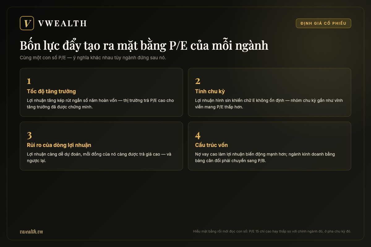 Sơ đồ bốn lực đẩy tạo ra mặt bằng P/E của mỗi ngành: tốc độ tăng trưởng, tính chu kỳ, rủi ro dòng lợi nhuận và cấu trúc vốn
