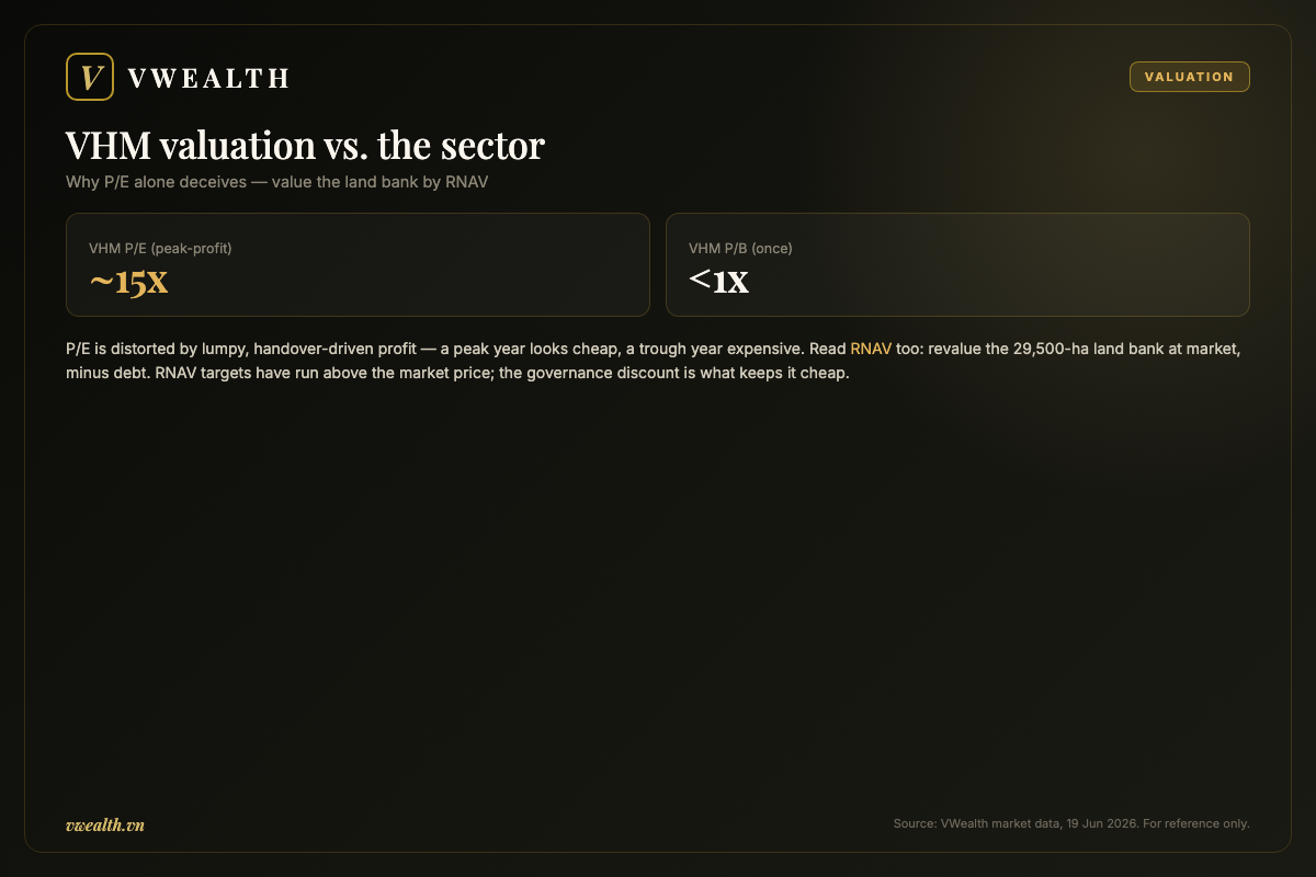 VHM valuation versus the sector by P/E, P/B and RNAV