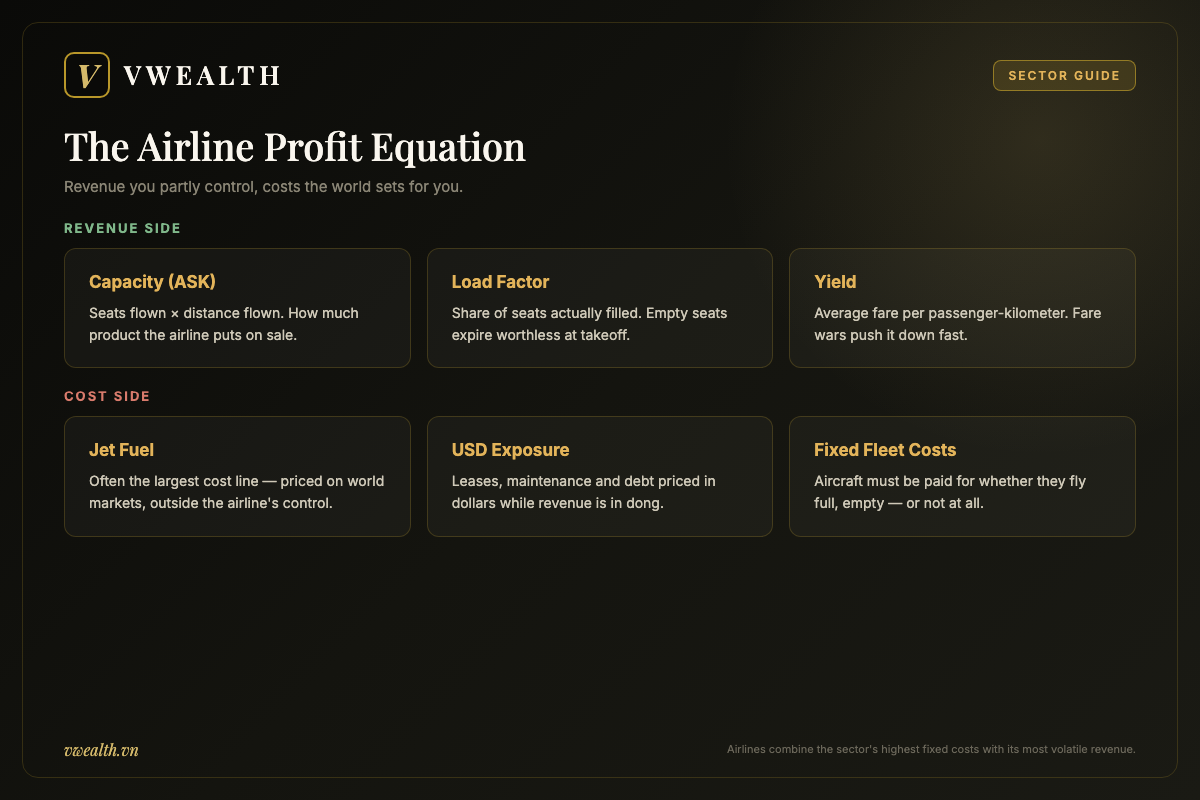 Infographic of the airline profit equation showing revenue drivers capacity, load factor and yield against costs of jet fuel, US dollar exposure and fixed fleet costs