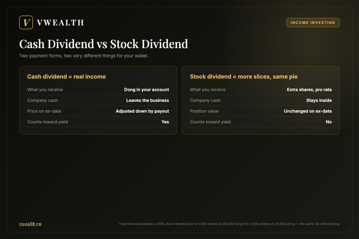 Comparison of cash dividends versus stock dividends in Vietnam: cash is real income leaving the company, stock dividends add shares while position value stays unchanged