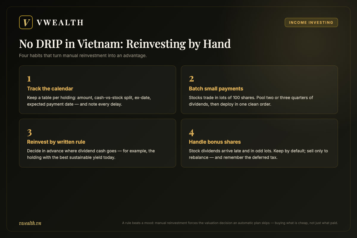 Four-step manual dividend reinvestment workflow for Vietnam: track the calendar, batch small payments, reinvest by written rule and handle bonus shares