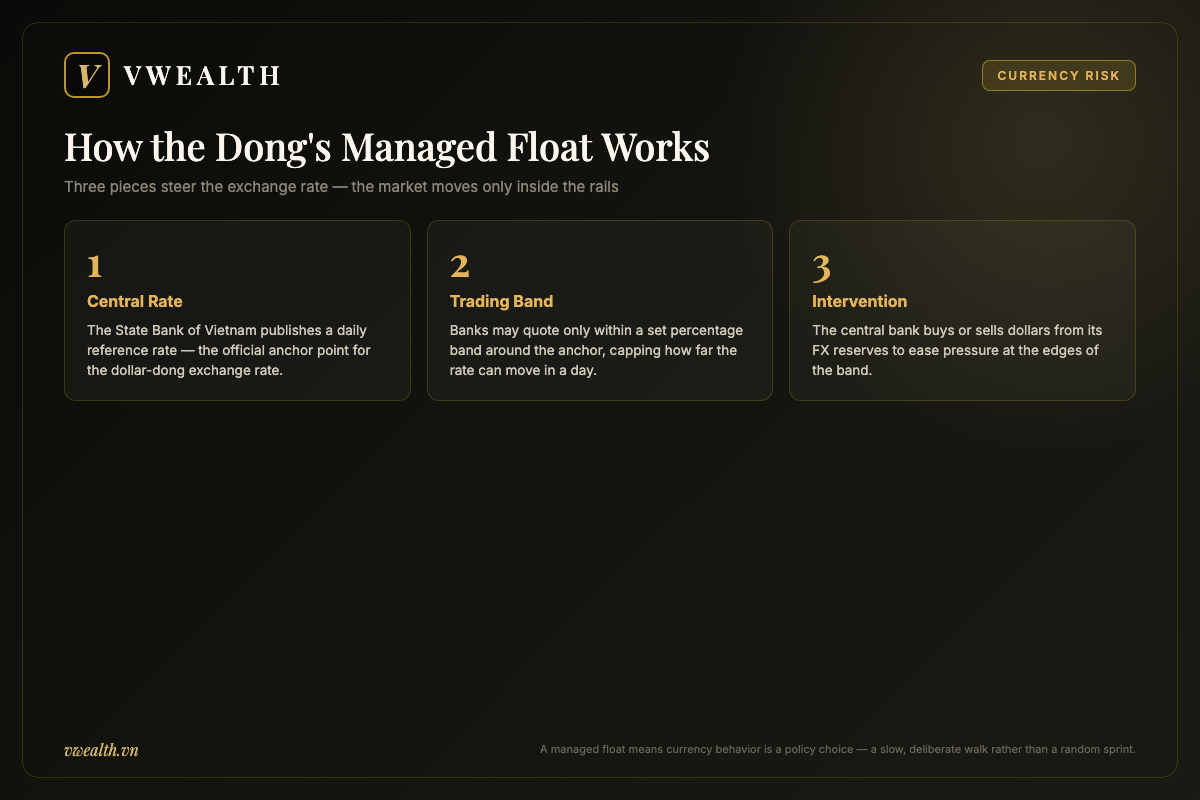 Diagram of how the Vietnamese dong's managed float works: daily central rate, trading band and central bank intervention backed by FX reserves