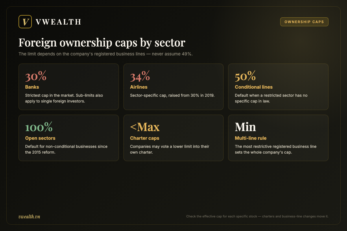 Infographic of Vietnam foreign ownership caps by sector: 30% for banks, 34% for airlines, 50% for conditional business lines, up to 100% for open sectors, plus charter caps and the multi-line rule