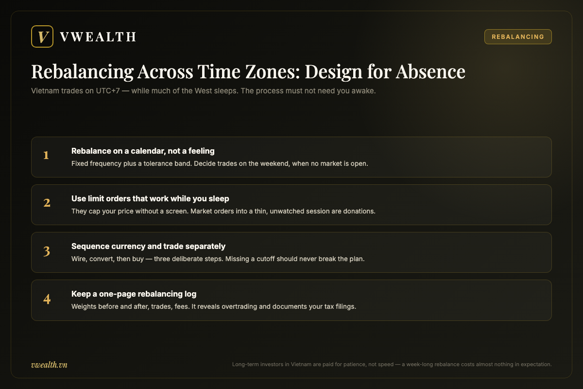 Four-step checklist for rebalancing a Vietnam portfolio across time zones: calendar-based rebalancing, limit orders, separate currency steps and a trade log