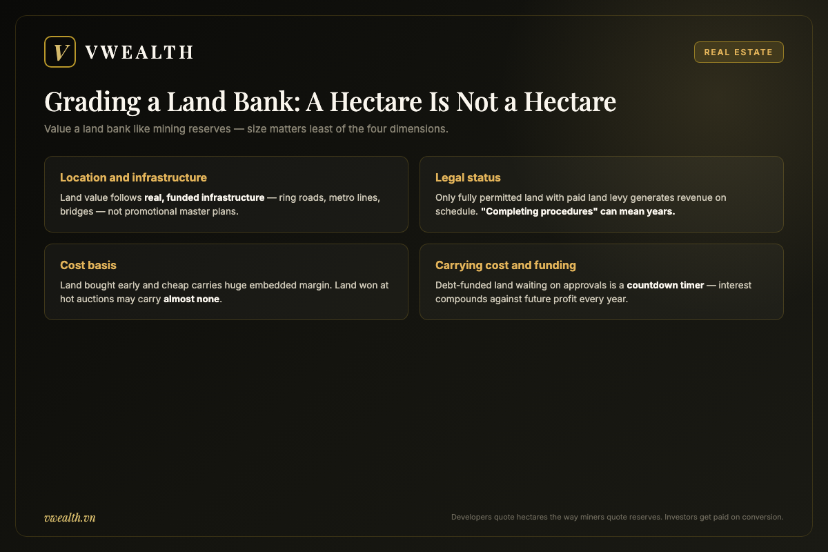 Four-card framework for grading a Vietnamese developer's land bank by location and infrastructure, legal status, cost basis, and carrying cost