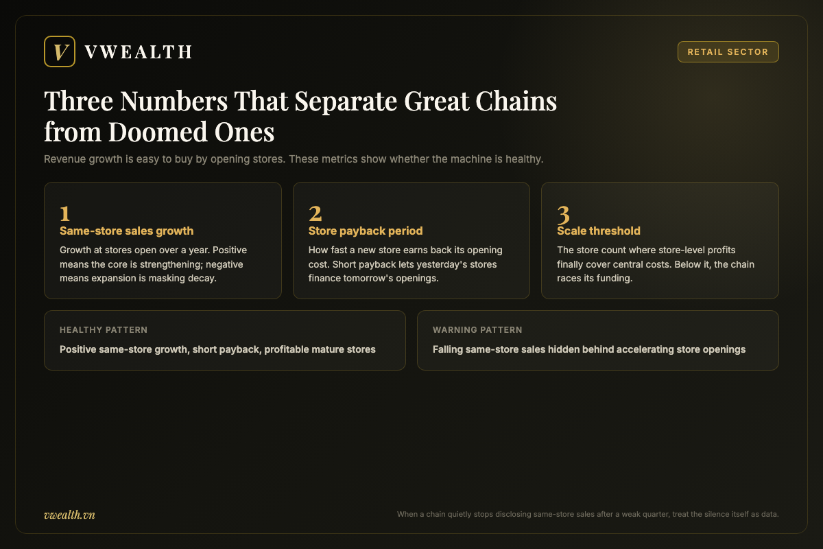 Three metrics that define retail chain quality in Vietnam: same-store sales growth, store payback period and scale threshold, with healthy and warning patterns