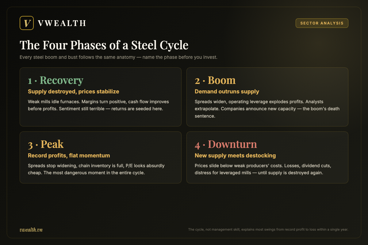 Four-phase steel cycle diagram showing recovery, boom, peak, and downturn with the financial signature of each phase for Vietnam steel stocks