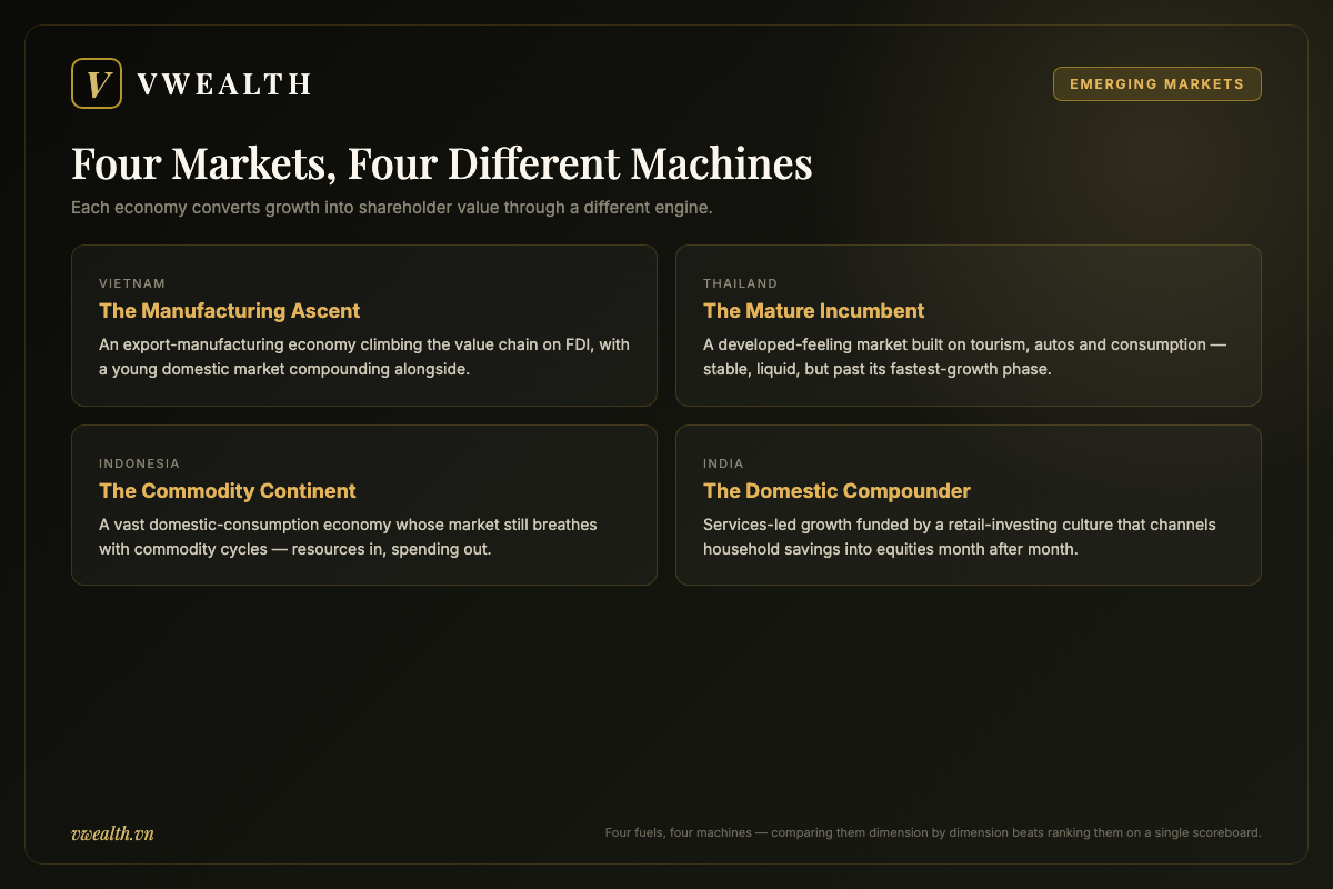 Four cards summarizing the growth engine of each market: Vietnam's manufacturing ascent, Thailand's mature incumbent economy, Indonesia's commodity-driven consumption and India's domestic compounder