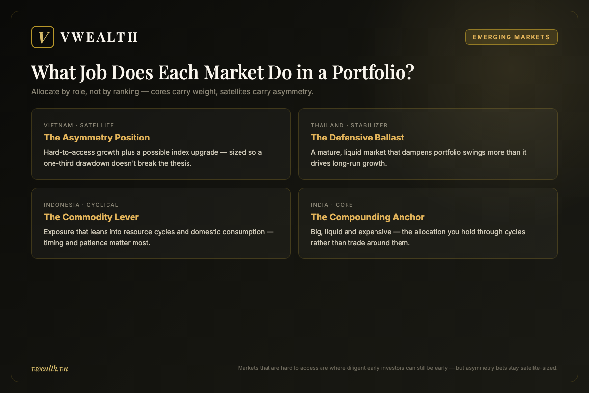 Portfolio-role diagram assigning each market a job: Vietnam as asymmetry satellite, Thailand as stabilizer, Indonesia as commodity lever and India as compounding core