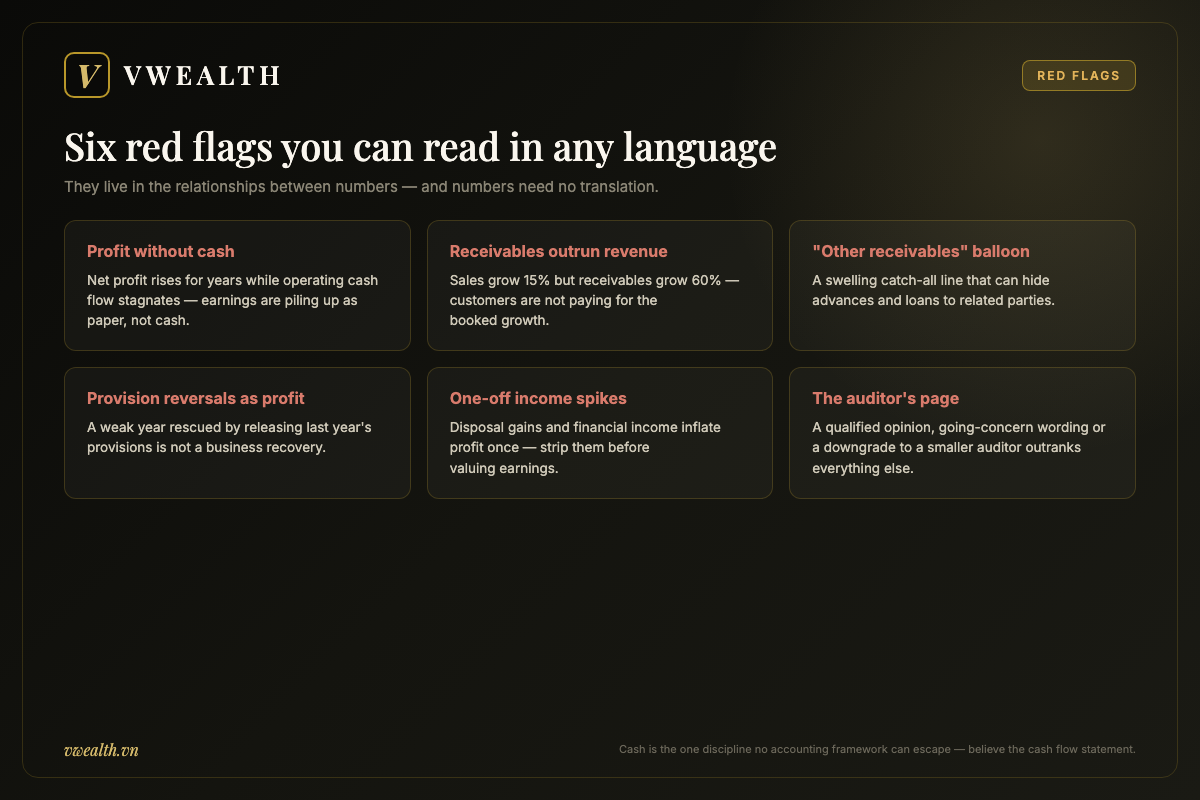 Checklist of six red flags readable in any language on Vietnamese financial statements, from profit without cash flow to qualified audit opinions