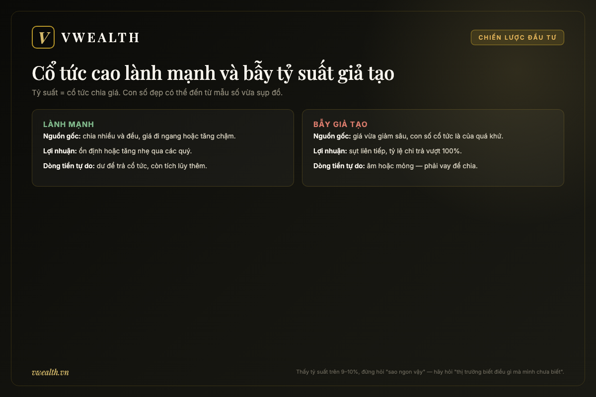 Bảng đối chiếu cổ tức cao lành mạnh với bẫy tỷ suất cổ tức cao giả tạo qua nguồn gốc tỷ suất, xu hướng lợi nhuận và dòng tiền tự do