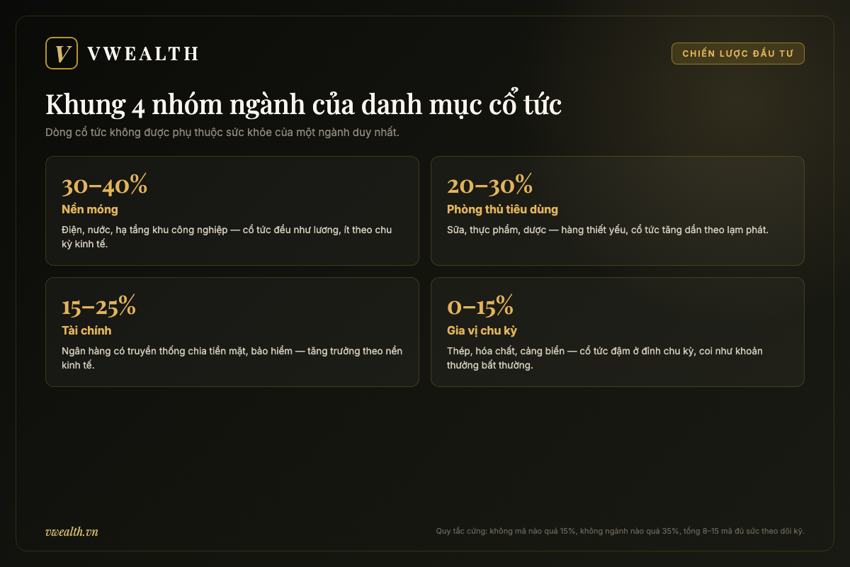 Khung phân bổ danh mục cổ tức theo bốn nhóm ngành: nền móng 30-40%, phòng thủ tiêu dùng 20-30%, tài chính 15-25% và gia vị chu kỳ 0-15%